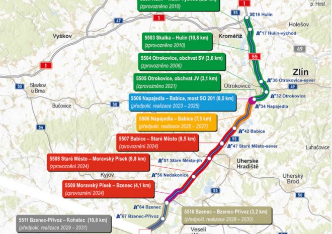 Tři budované úseky dálnice D55 z Babic do Bzence se otevřou 2. prosince